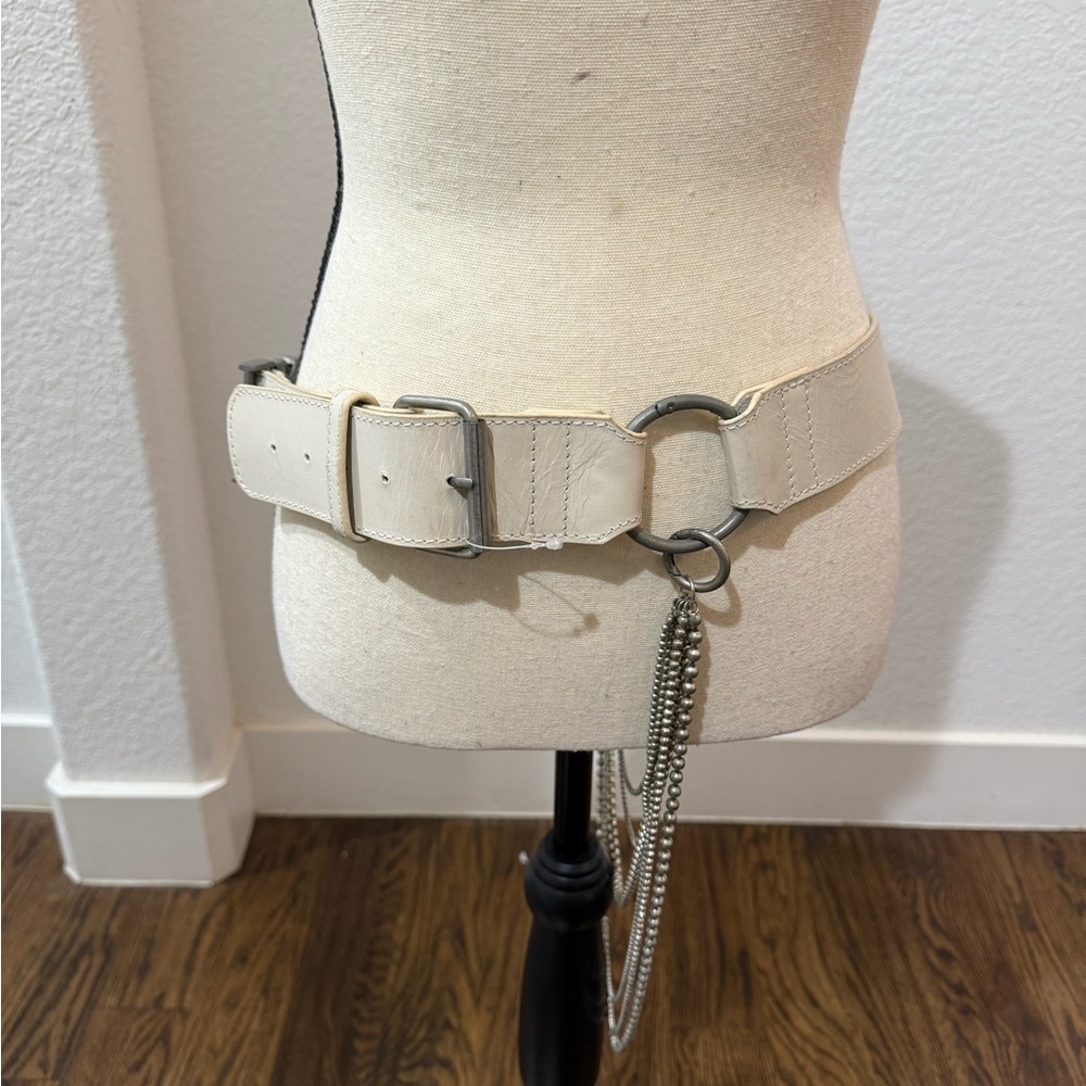 Free People White Leather Diamonte Chain Belt Distressed NEW NWOT - Picture 5 of 11